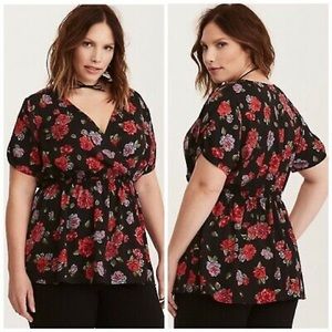 Torrid black rose print faux-wrap top size 1 14-16